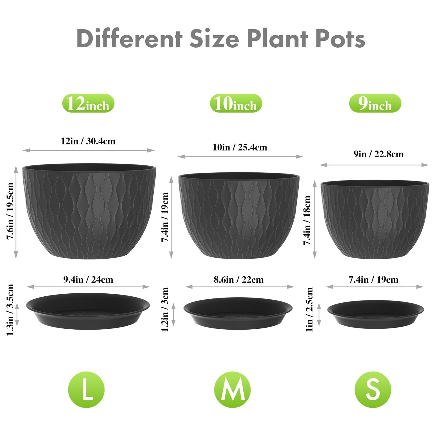 Meowell 12/10/9 inch Large Plant Pots, 3 Pack Wide Flower Pots for Outdoor Indoor Plants with Water Ripples, Big Plastic Planters with Drainage Holes and Saucers for Garden House Plants, Black