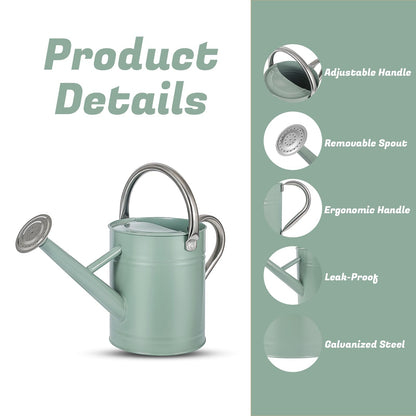 1 Gallon Watering Can for Plants, Watering Cans for Indoor&Outdoor Gardening, Galvanized Steel Watering Pot with Removable Spout, Metal Water Can with Ergonomic Movable Handle(Cream Green)
