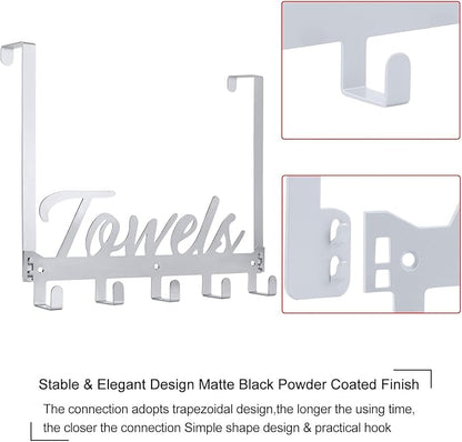 Azmoncy Over The Door Hooks, Towel Hook Towel Holder Over Door Towel Hanger Door Hanger with 5 Coat Hooks Towel Rack for Bathroom Bedroom Kitchen, Chrome