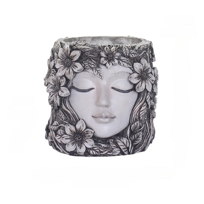 Bohemian Resin Face Planter Pot with Floral Design, Unique Human Head Succulent Pot with Drainage Hole, Weatherproof Lady Face Vase for Indoor Home, Outdoor Garden, Balcony & Desktop Greenery Decor