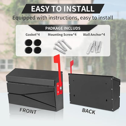 Ydocabinit Wall Mount Mailbox, Large Capacity Mailbox for House, with Flag Kit, Galvanized Steel Rust-Proof Metal Post Drop Box, Mailboxes for Outside, 15.74"×9.84"×4.33", Black Modern Sleek Style