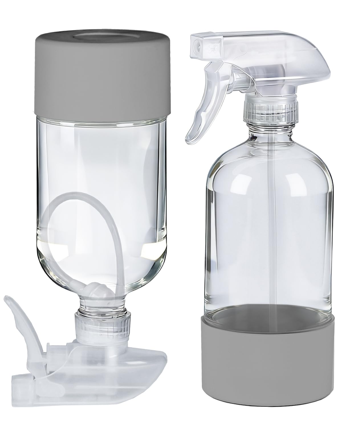 TERESRY 2 Pack 360° Glass Spray Bottles with Silicone Sleeve, 16 oz Empty Refillable Containers with Adjustable Spray Nozzles, Spray Bottles for Hair, Cleaning Solutions and Plants Grey