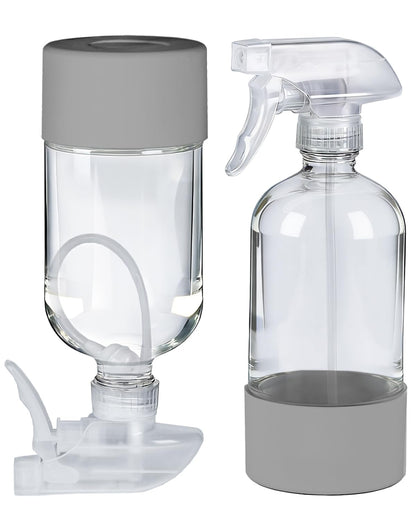 TERESRY 2 Pack 360° Glass Spray Bottles with Silicone Sleeve, 16 oz Empty Refillable Containers with Adjustable Spray Nozzles, Spray Bottles for Hair, Cleaning Solutions and Plants Grey