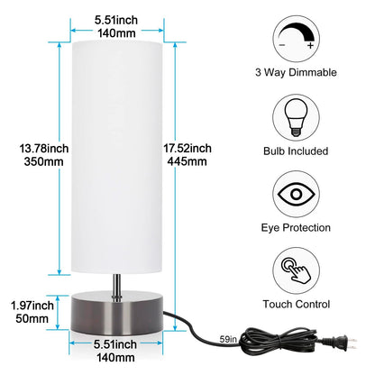 Touch Table Lamp, 3-Way Dimmable Modern Minimalist Accent Bedside Lamp with Cylinder Fabric Shade, Night Light Nightstand Desk Lamp for Bedroom Living Room Kitchen, 9W LED Bulb Included