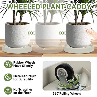 UoeRing 2 Pcs Plant Caddy with Hidden Wheels （1 10" and 1 11"） Heavy Duty Rolling Plant Stand, Indoor Outdoor Plant Saucer Tray with $9.9 Garden Tools (Beige)