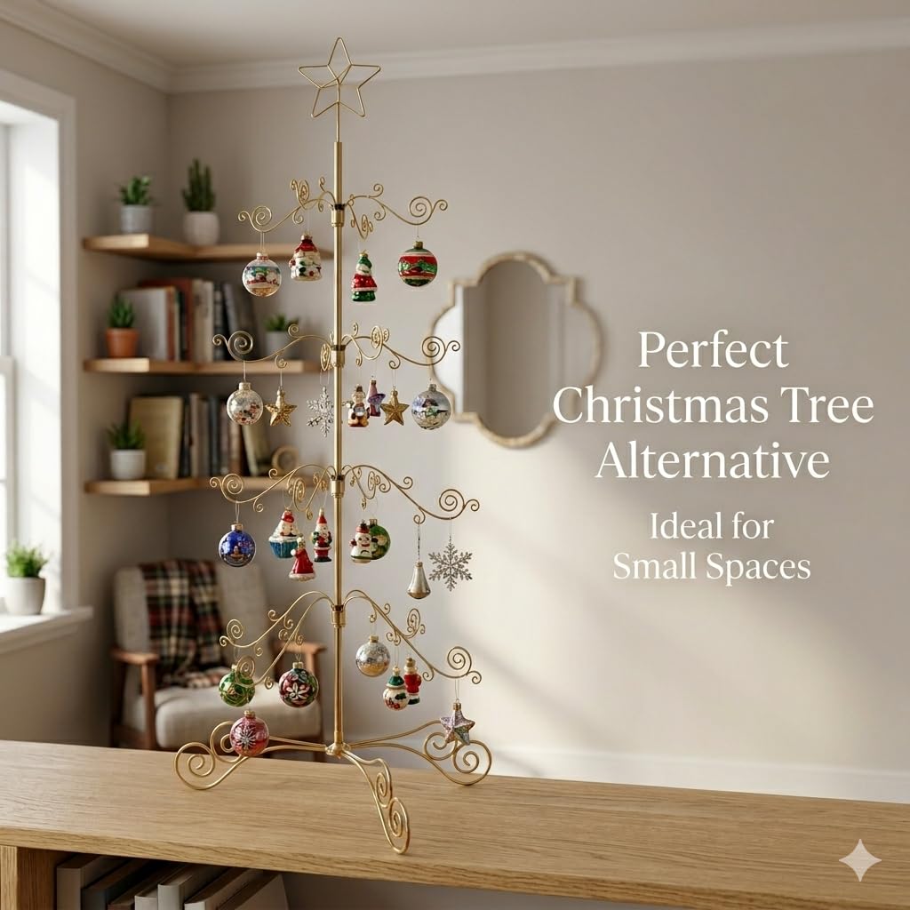 HOHIYA 3 Ft Wrought Iron Ornament Display Stand with 56 Hooks Metal Christmas Tree Alternative for Ornaments Halloween and Year-Round Decor Tabletop Rack Brass Gold