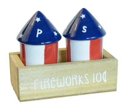 Firecracker 4th of July Salt and Pepper Shaker Set - Patriotic Red, White and Blue Ceramic Salt and Pepper Shakers With Wood Crate Holder