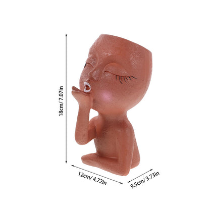 Kisangel Girl Face Resin Flower Planter Pot, Small Succulent Planter for Indoor Balcony, Brown Nordic Style Cactus Flowerpot for Home Garden Decor