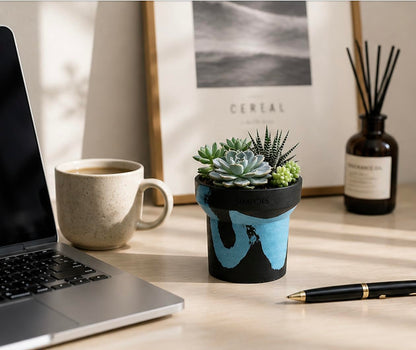 ONE ART Modern Planter Pot, Stone & Recycled Ocean Plastic, Frost Proof Indoor Outdoor Plant Pot for Succulents Flowers Herbs, Unique Hand-Finished Pattern, Lightweight Minimalist Decor (Small)