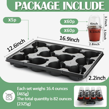 RooTrimmer 4 Inch 60 Pack Nursery Pots with Humidity Domes & 5 Pack 12 Cell Round Seedling Pot Carrying Trays, Sturdy Seeds Starter Pot Germination Set, Small Planter Nursery Propagation 5 Sets