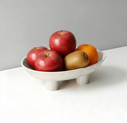 Three-Leg Ceramic Fruit Bowl, 10 Inch Oval Serving Dish for Kitchen Counter, Candy or Key Holder, Home Decor Accent White