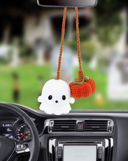 Halloween Car Ornament Crochet Pumpkin and Ghost Car Pendant for Car Mirror Upholstery Accessories, Hand Knitted Mirror Charm (2)