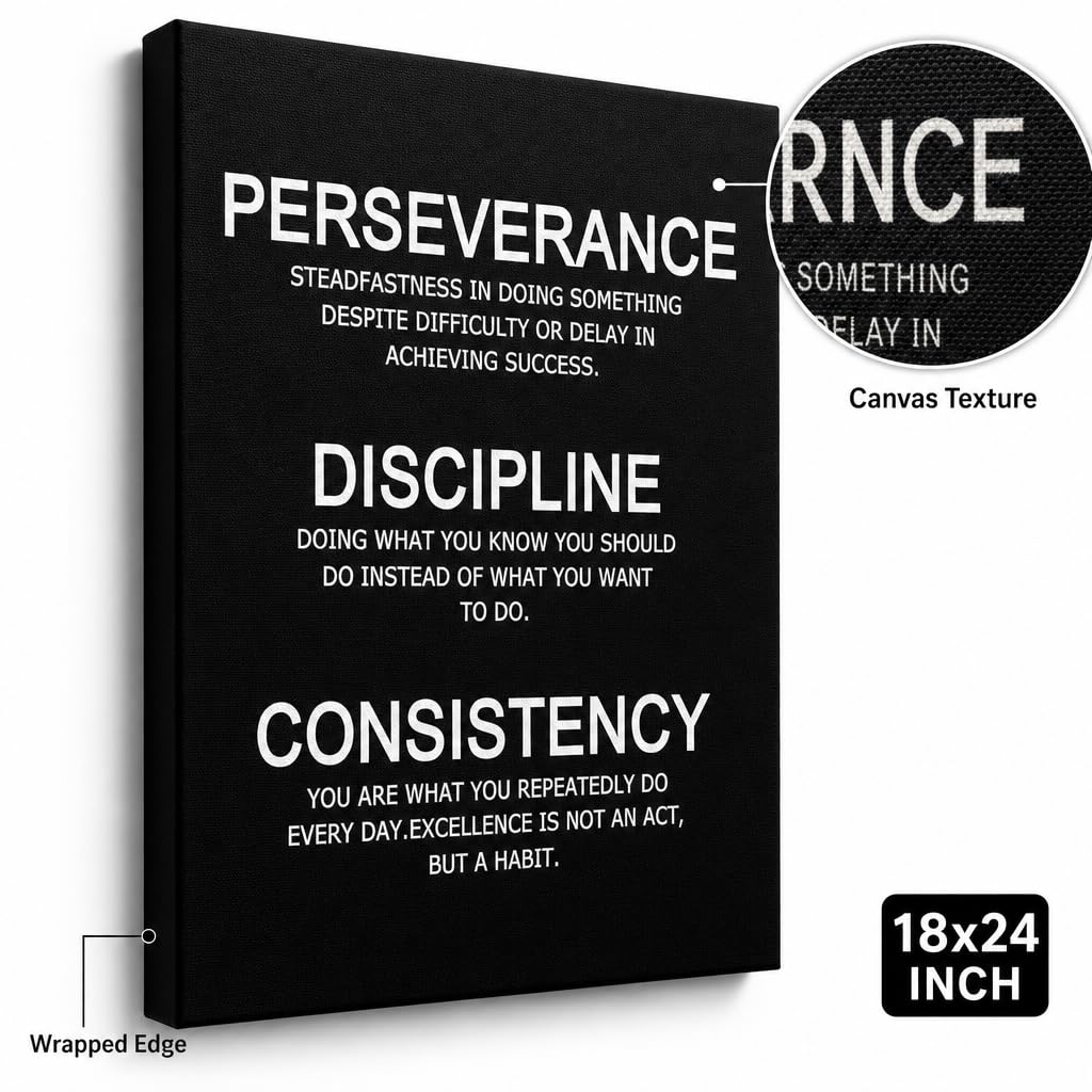 PJQART Inspirational Posters for Office Canvas Wall Art, Perseverance Discipline Consistency Definition Print for Home Office Dorm Classroom, Framed Black White, 24x18inch