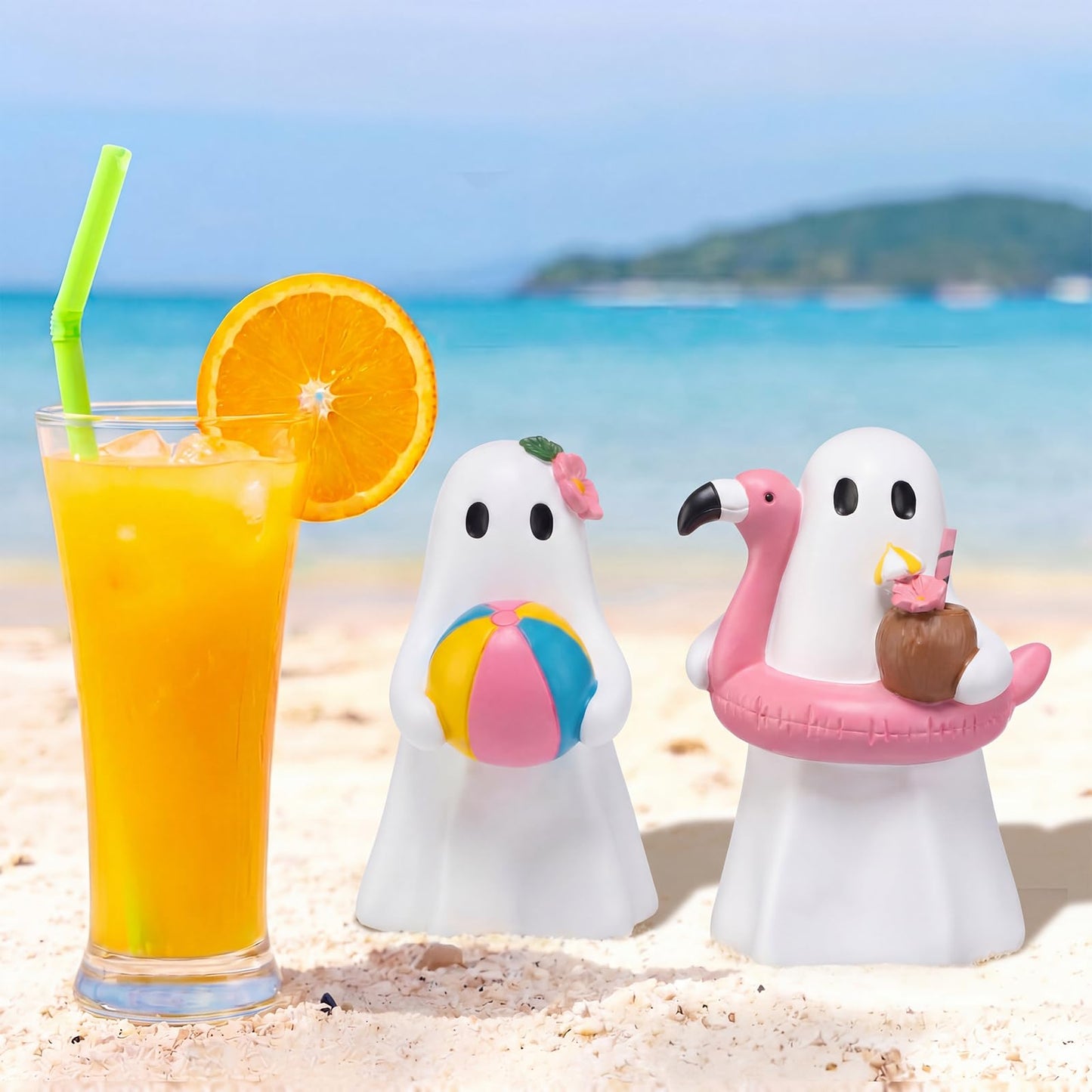 Blulu 2 Pcs Summer Halloween Ghost Figure Decor Resin 6 Inch Beach Pool Party Decoration Cute Kawaii Spooky Summer Halloween Hawaii Gift Decor Funny Ghost Statue Tabletop Indoor Outdoor Home