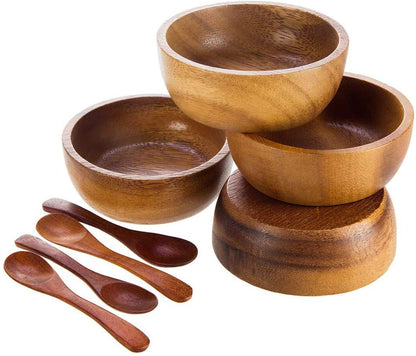 BestySuperStore Set of 4 Small Round Acacia Wooden Bowls 2¾ Inch Diameter 1½" High With Spoons - Stackable Mixing Bowl Salad Soup Snack Dip Sauce Charcuterie Wood Tableware Sets for Decor and Serving