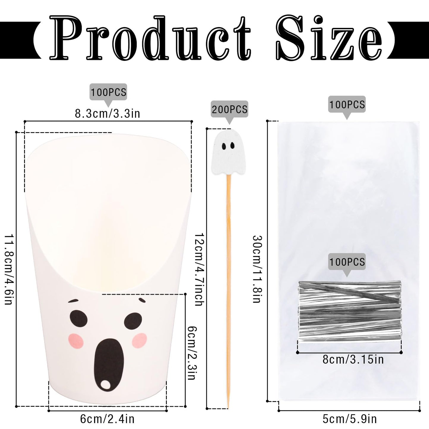 Whaline 500 Pcs Halloween Charcuterie Cup Sets 200 Cocktail Pick 100 Bags 100 Twist Ties 100Pcs 14Oz Cute Ghost Expression Disposable Appetizer Cup White French Fry Holder for Trick or Treat Supplies