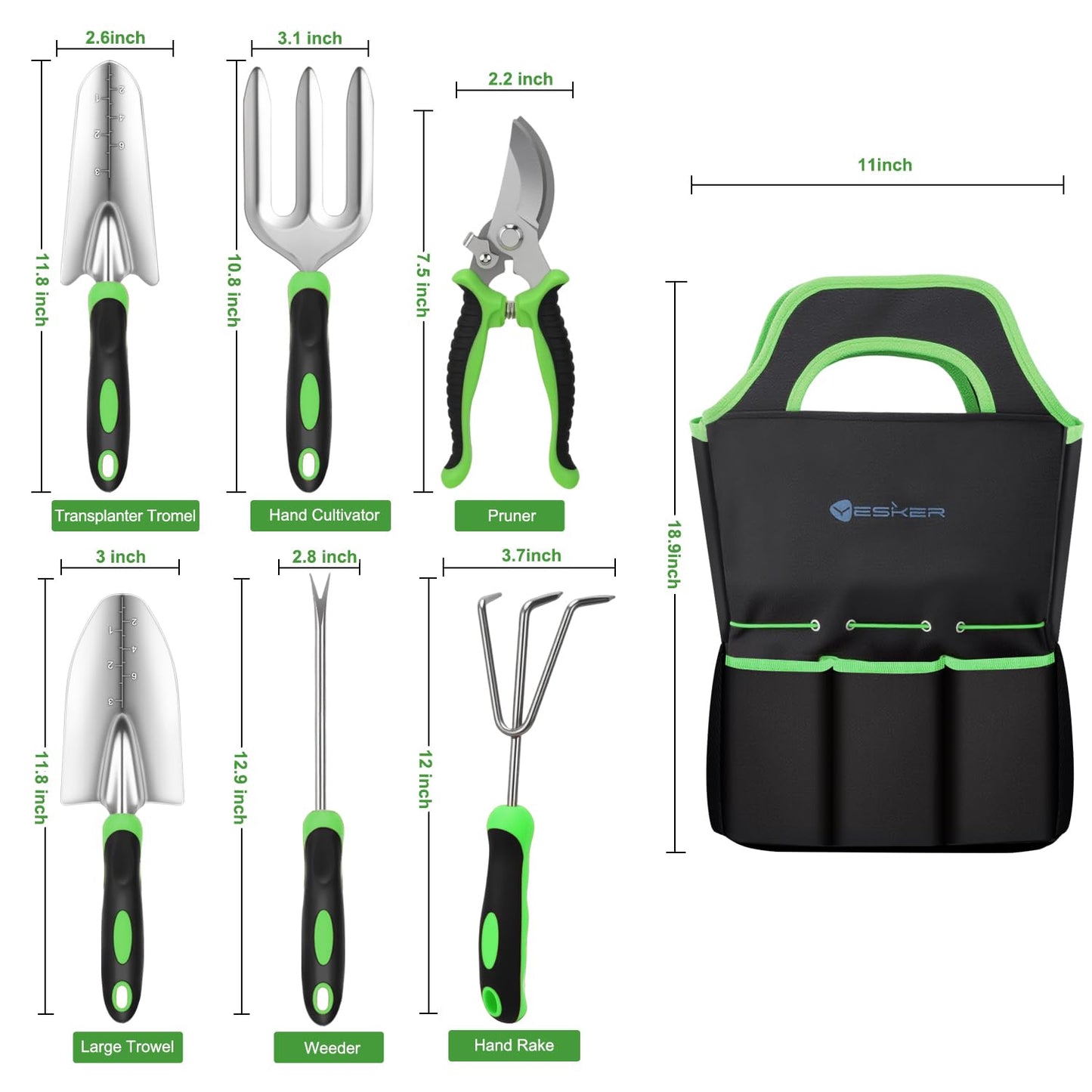 Yesker Gardening Tools 7-Piece Heavy Duty Garden Tool Set Gardening Supplies Gifts for Women Men Gardening Hand Tool Kit with Non-Slip Ergonomic Handle, Durable Garden Bag, Pruning Shears, Black Green