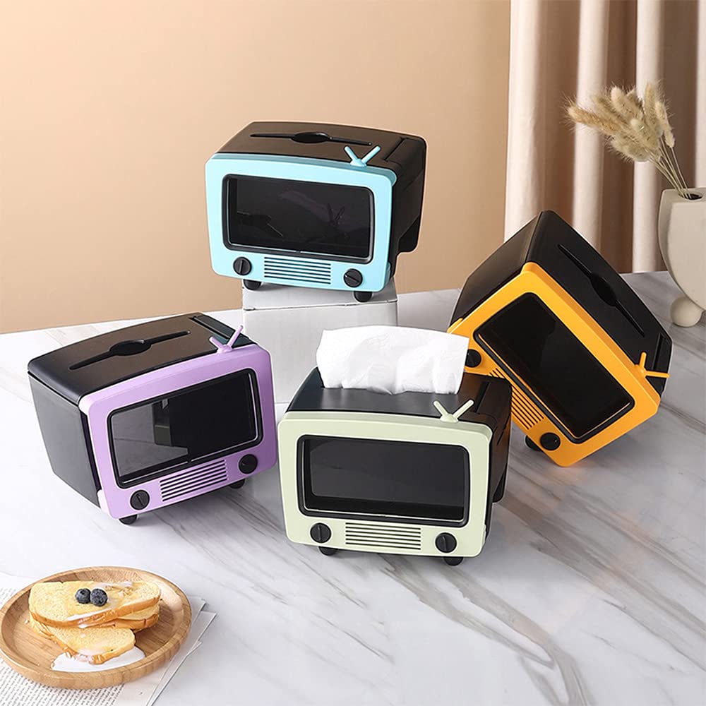 Tissue Box Holder with Cell Phone Slot, Retro TV Shaped Tissue Case and Cellphone Holder Cellphone Stand, Versatile Tissue Dispenser Cover for Living Room, Kitchen, Bedroom, Bathroom (Ube Purple)