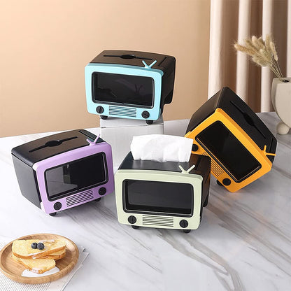 Tissue Box Holder with Cell Phone Slot, Retro TV Shaped Tissue Case and Cellphone Holder Cellphone Stand, Versatile Tissue Dispenser Cover for Living Room, Kitchen, Bedroom, Bathroom (Ube Purple)