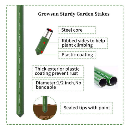 Growsun 6ft Tomato Stakes Plant Stake Supports Garden Fences Trellis Metal Plastic Coated Plant Cage Supports Climbing, Pack of 50