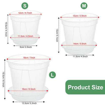 IWNTWY Plant Pots 7/6/4.7 Inch Set of 6, Clear Plastic Nursery Pots with Drainage Holes and Saucers, Flowers Planter Pots for Indoor Outdoor Plants (Variety Size, Clear)