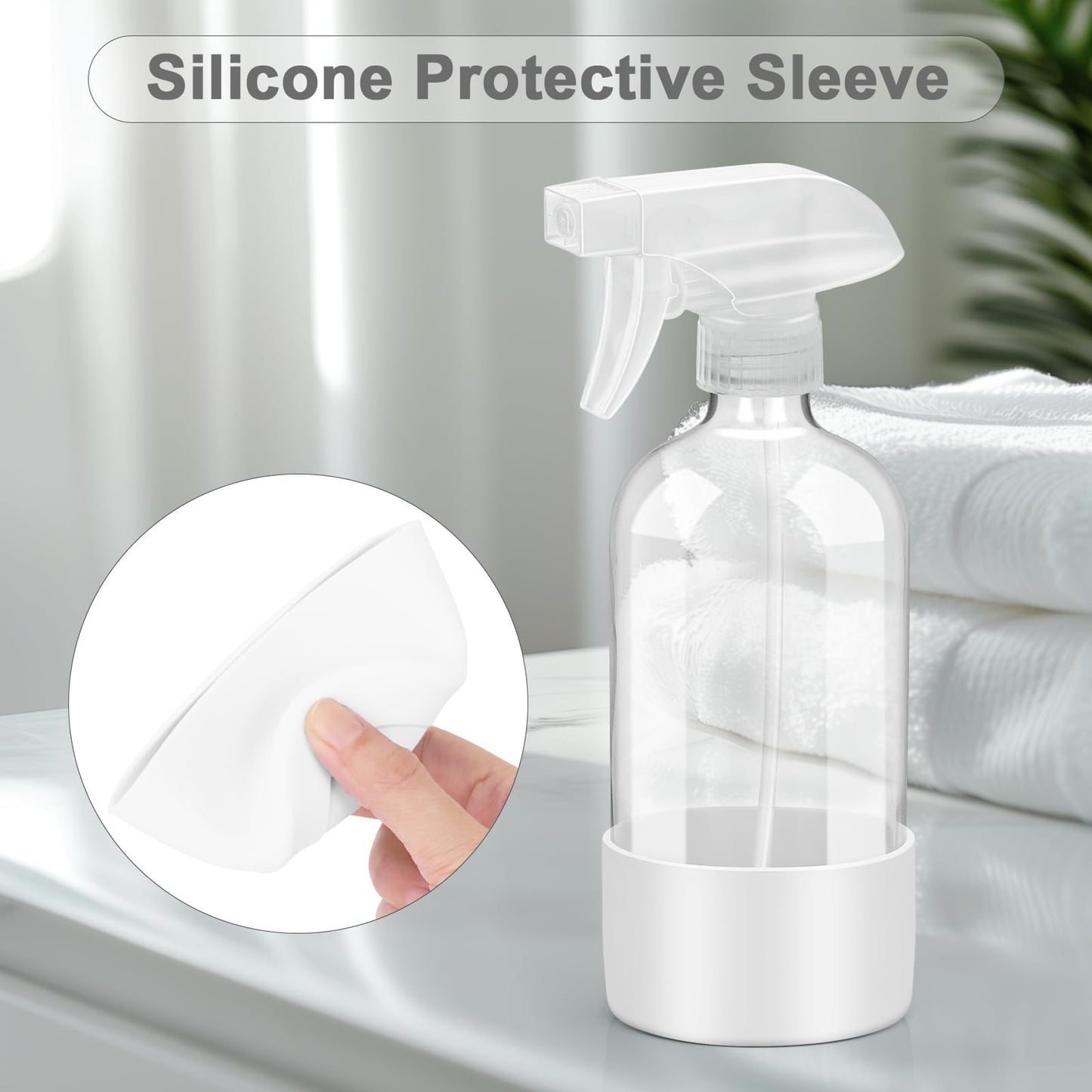 Worldgsb 2 Pack Glass Spray Bottles with Silicone Sleeve, 16 oz Empty Refillable Containers with Adjustable Spray Nozzles, Spray Bottles for Hair, Cleaning Solutions and Plants White