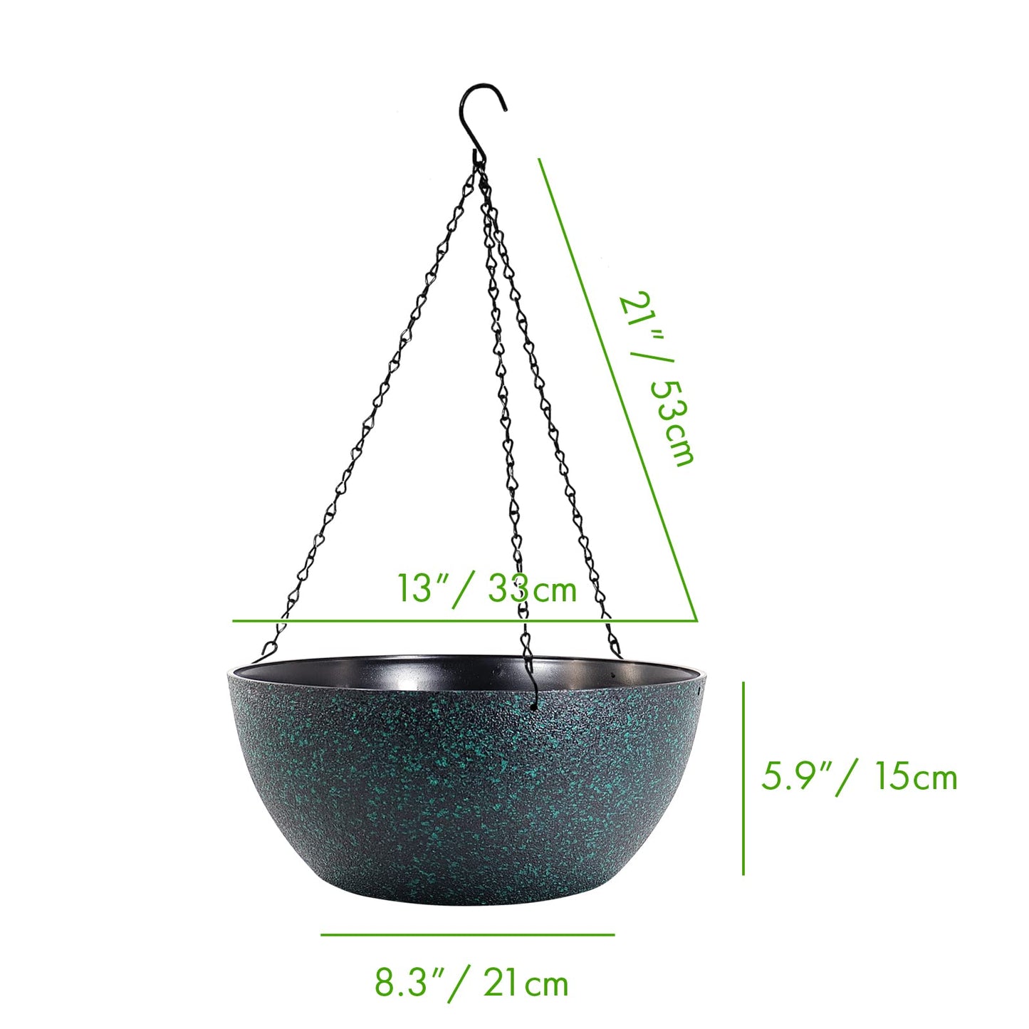 WOUSIWER 13 inch 2 Pack Large Hanging Planters for Indoor Outdoor Plants with Drainage Holes and Chain, Round Hanging Flower Pots for Garden Home Porch Decor, Black with Green Speckles