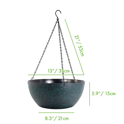 WOUSIWER 13 inch 2 Pack Large Hanging Planters for Indoor Outdoor Plants with Drainage Holes and Chain, Round Hanging Flower Pots for Garden Home Porch Decor, Black with Green Speckles