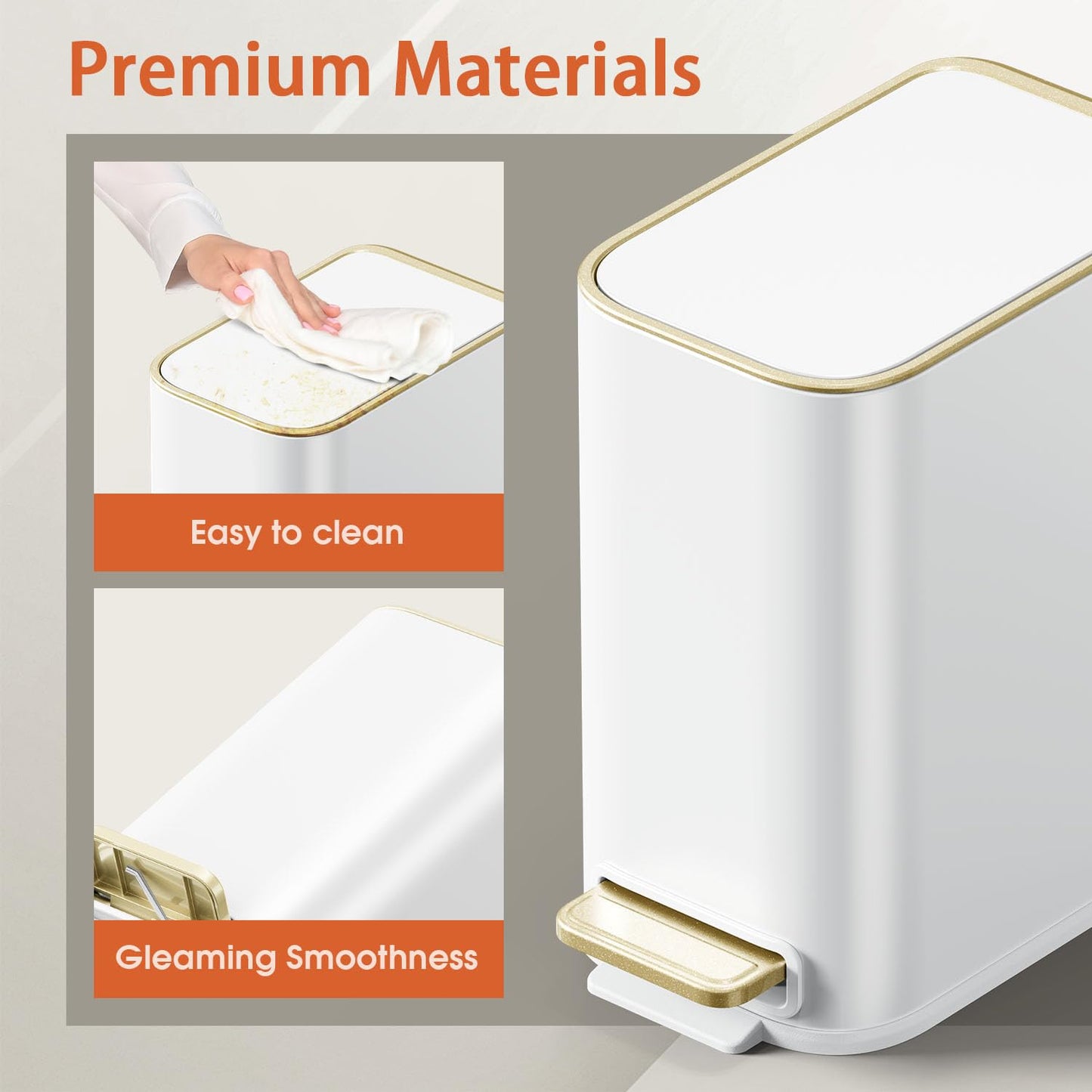 GibHerz Small Bathroom Trash Can with Lid Soft Close, 5L / 1.3 Gallon Slim Garbage Can with Removable Inner Bucket, Step Stainless Steel Trash Bin for Office, Bathrooms, Bedroom, Living Room (White)