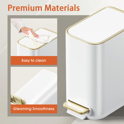 GibHerz Small Bathroom Trash Can with Lid Soft Close, 5L / 1.3 Gallon Slim Garbage Can with Removable Inner Bucket, Step Stainless Steel Trash Bin for Office, Bathrooms, Bedroom, Living Room (White)