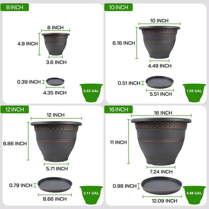 Usocik 12 Pack 10 Inch Retro Plant Pots with Drainage Holes and Saucer for Indoor Outdoor Plants.