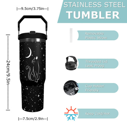 Boho 30oz Tumbler with Straw and Lid Gift for Boys Girls Sun Moon Water Bottle Travel Kettle Cup for Car Cold and Hot Stainless Steel Double Wall Insulated Mug (star cat)
