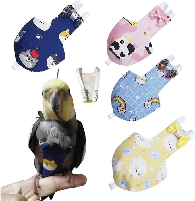 Bird Diaper Protective Parrot Nappy - 4 Pack, Reusable Flight Suit with Waterproof Inner Layer, Adjustable Shoulder Straps, Washable Cute Urine Wet Suit for Parakeet Conure (L)