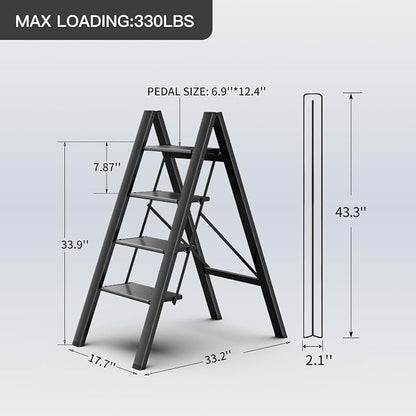 4 Step Ladder Folding Step Stool with Anti-Slip Sturdy and Wide Pedal for Adults&Elderly, Aluminum Portable Lightweight Stepladder for Home Kitchen Office, Black, 330lbs