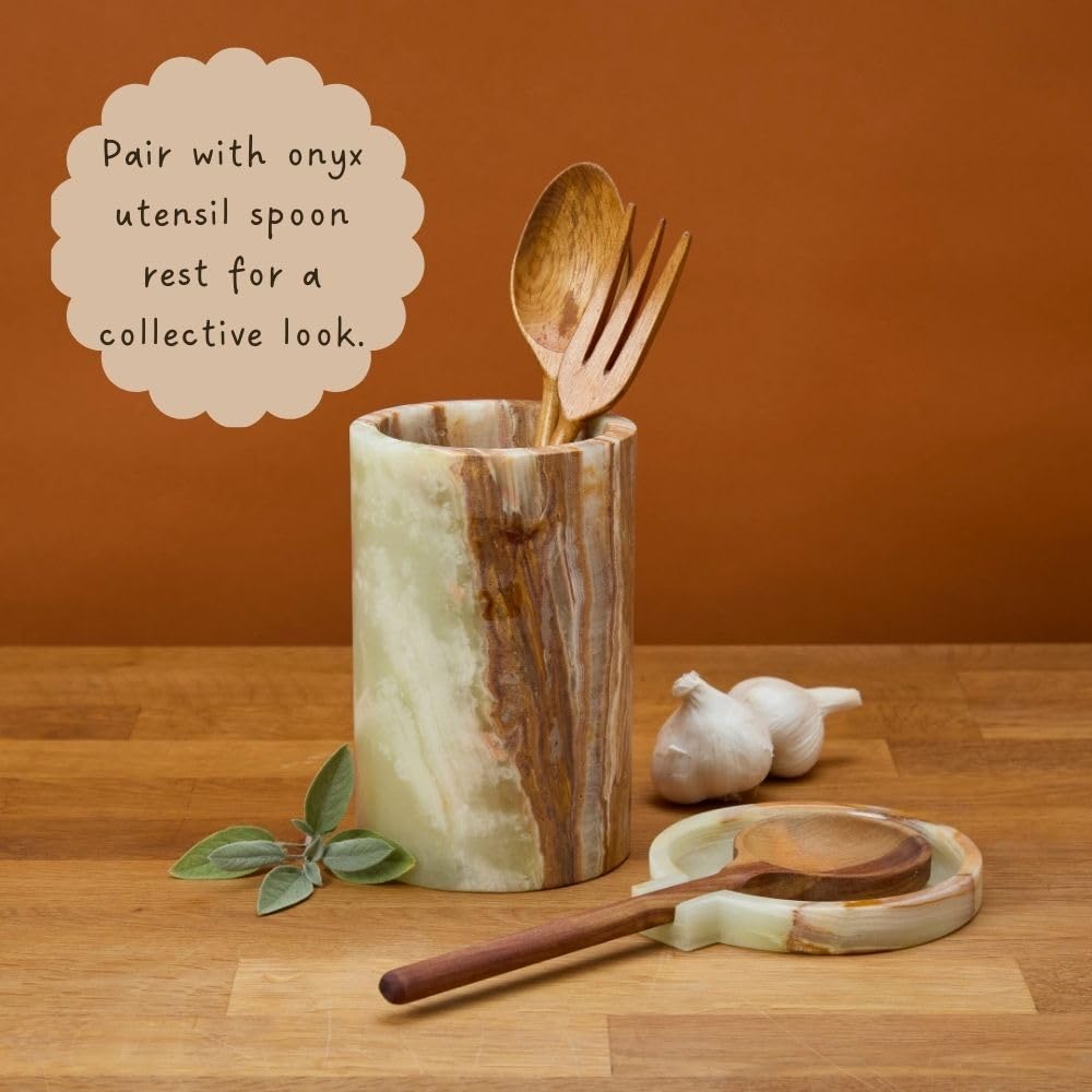 Stone Utensil Holder for Kitchen Countertop, Onyx Marble Stone, 7 Inch Tall