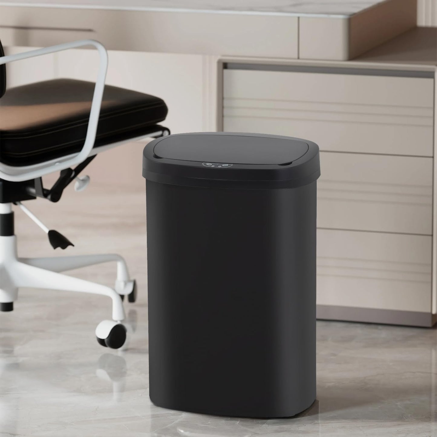 BestOffice | 13 Gallon Trash Can with Lid | Automatic Touchless Garbage Can | Odor Control | Modern Oval Design | Easy to Clean | Plastic | Black | Fits Any Kitchen, Bathroom, Office or Home