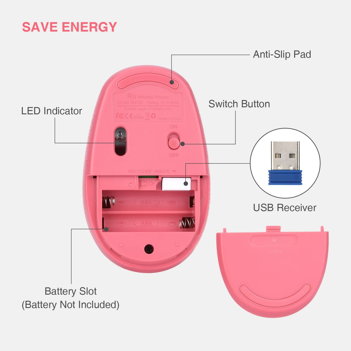 Rii Wireless Mouse RM700 2.4G Silent Mouse with USB Nano Receiver for Laptop,PC,Mac,Chromebook,Windows (Pink)