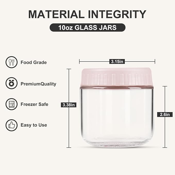 SHOWIN Overnight Oats Containers with Lids, 10oz Glass Jars with Lids 2 pcs, Pink, Wide Mouth Mason jars for Salad, Yogurt, Snacks, Meal Prep