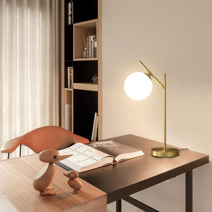 Fulesi Mid Century Modern Table Lamp, 1 Light Brass Glass Globe Bedside Lamp, Contemporary Metal Table Lamp with Milky White Glass shadefor Bedroom Living Room Study Room