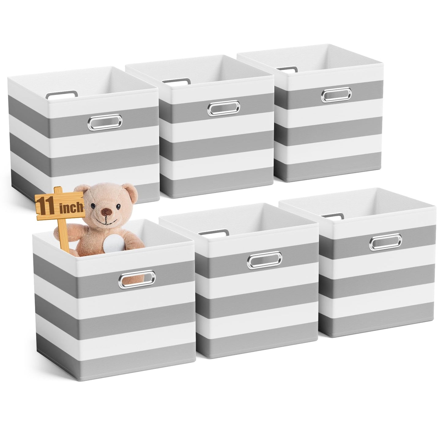 CroBlissful 6 Pcs 11 Inch Fabric Storage Cubes with Metal Handle Back to School Classroom Supplies Grey and White Striped Style Collapsible Bins Organizer for School Nursery Shelves Clothes Gift