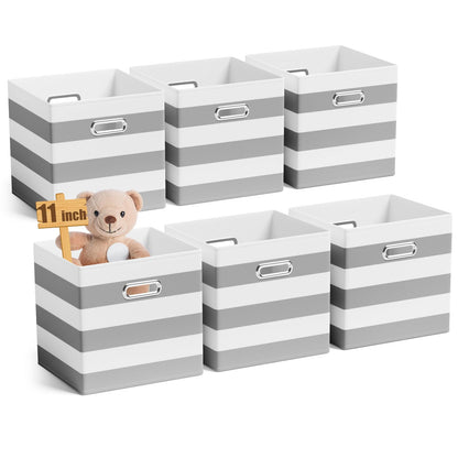 CroBlissful 6 Pcs 11 Inch Fabric Storage Cubes with Metal Handle Back to School Classroom Supplies Grey and White Striped Style Collapsible Bins Organizer for School Nursery Shelves Clothes Gift