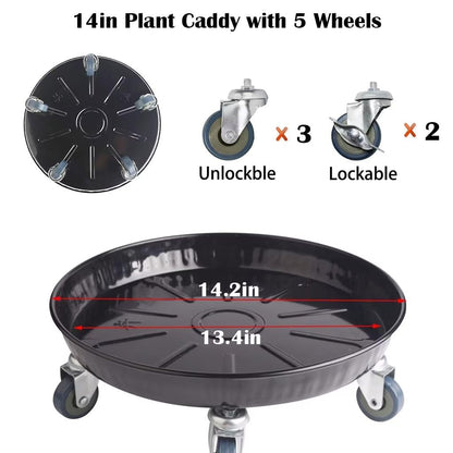 ARTLINE Round Plant Stand with Lockable Wheels, Heavy Duty for Indoor Outdoor, Large Rolling Dolly Planter Caddy on Casters to Carry Potted Flower Pot, Round Metal Tray NO Holes, Black