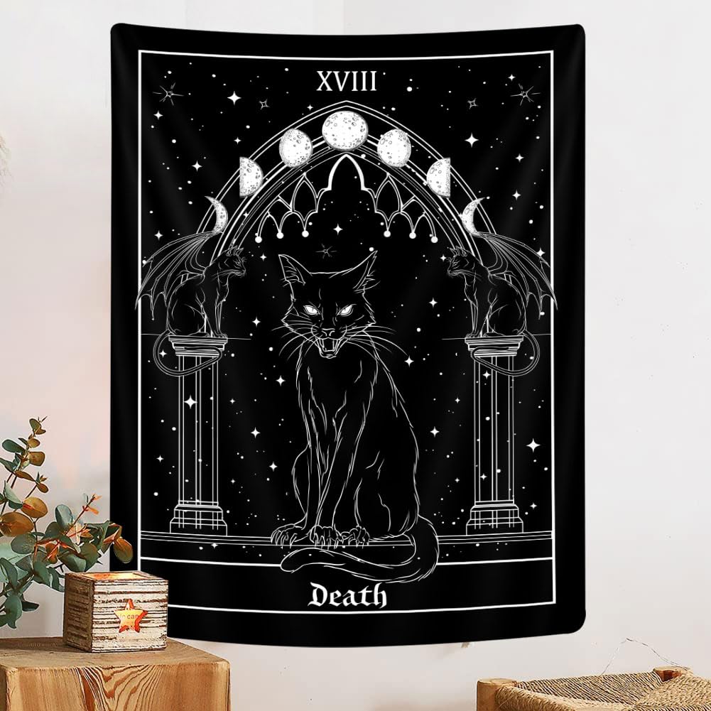 Goth Black Cat Tapestry, Gothic Tarot Witch Vertical Wall Hanging For Men, Black And White Aesthetic Anime Witchcraft Art For Bedroom Living Room Poster, 40X60Inch