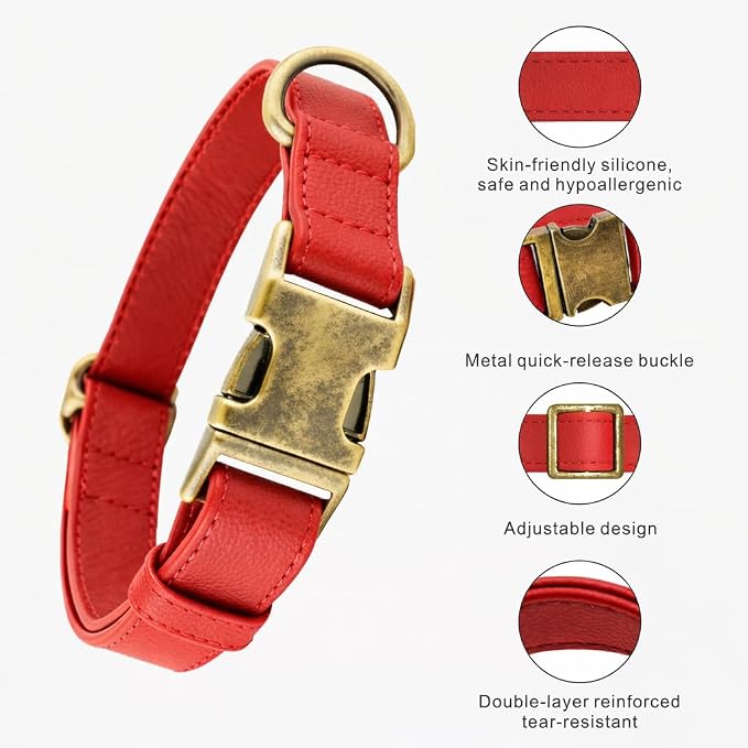 Silicone Dog Collar and Leash Set, Waterproof & Odor-Proof Puppy Collar for Small Dogs, Soft Flexible Leather-Look Dog Collars, Durable Thick Adjustable Pet Collar (Red, Medium (12.5-20" Neck))