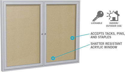 Ghent 36"x60" 2-Door Outdoor Enclosed Vinyl Bulletin Board, Shatter Resistant, with Lock, Satin Aluminum Frame - Silver (PA23660VX-193), Made in The USA