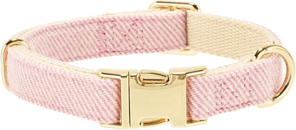 Luxury Soft Cotton Tweed Fabric Dog Collar & Leash Set with Gold Buckle – Durable Fabric, Stylish Design for Everyday Walks(Medium Pink)