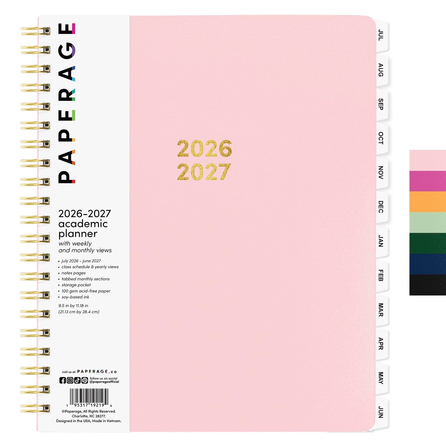 PAPERAGE Academic Planner, Weekly & Monthly Planner & Calendar, 12-Months, July 2026 - June 2027, (9.5" x 11"), School & Student Planning Agenda with Tabs, Bonus Pages & Inner Pocket, Pink