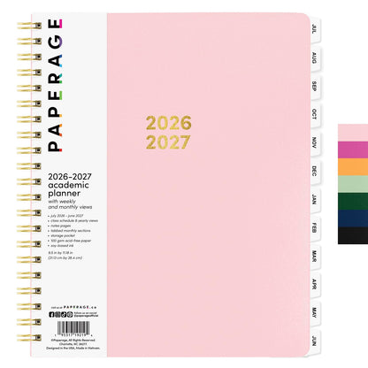 PAPERAGE Academic Planner, Weekly & Monthly Planner & Calendar, 12-Months, July 2026 - June 2027, (9.5" x 11"), School & Student Planning Agenda with Tabs, Bonus Pages & Inner Pocket, Pink