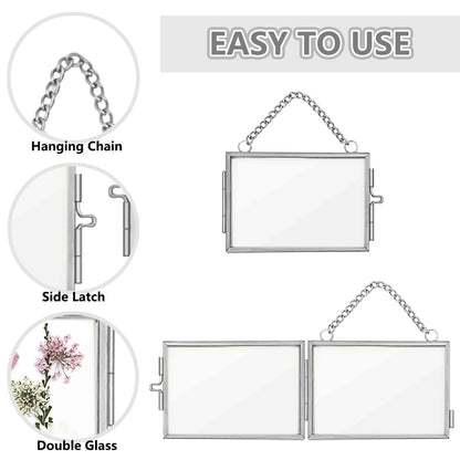 2Pcs Double Glass Frame for Pressed Flowers, 2x3 inch Picture Frame Mini Brass Wall Hanging Photo Frames Floating Frame with Chain for Plant Specimen Artwork Display Home Wall Decor (Silver, Horizontal)