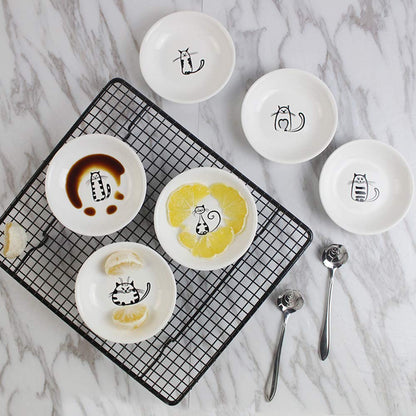 FUYU 6pcs Cute Cat Ceramic Sauce Plate, Snack Plate, Side Dish, 4 inches